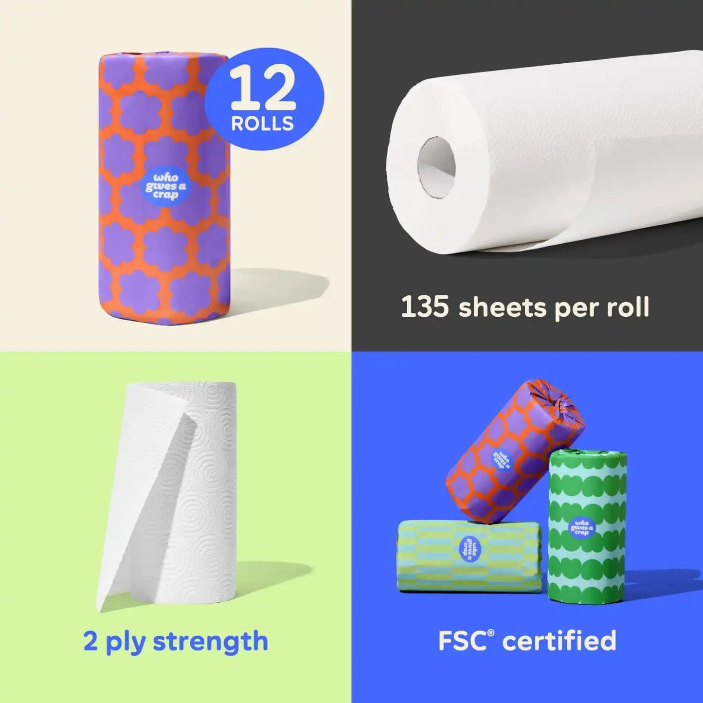 Who Gives a Crap Recycled Paper Towels, 2 Ply, 12 Rolls, 135 Adjustable Sheets per Roll, 100% Recycled Paper, Strong, Durable, Absorbent, & Sustainable, Eco Friendly With Plastic Free Packaging, White