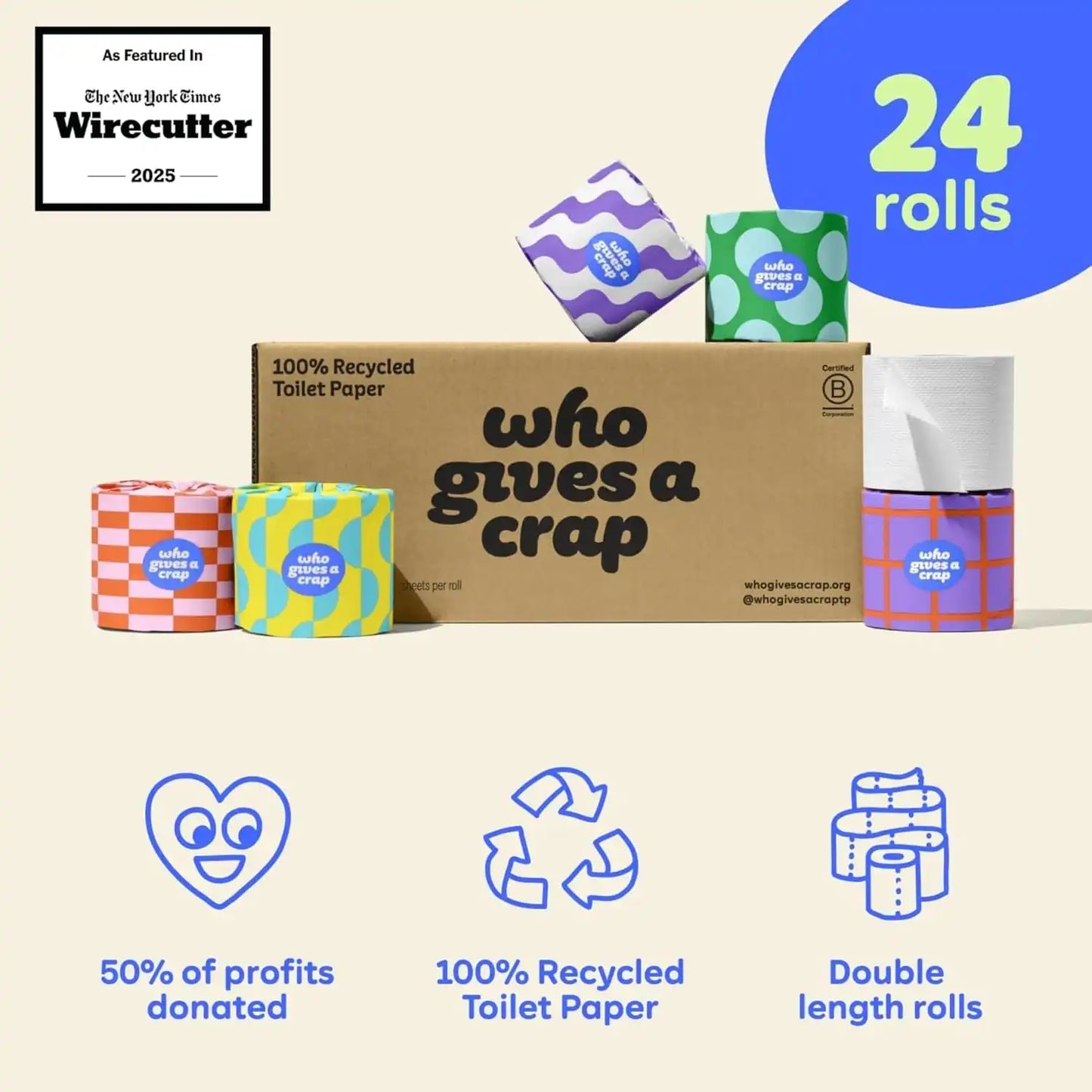 Who Gives A Crap | 100% Recycled Toilet Paper, 24 Rolls, 330 Sheets, Biodegradable & Ecofriendly, Soft & Strong, Virgin Tree Free, Bulk Toilet Paper